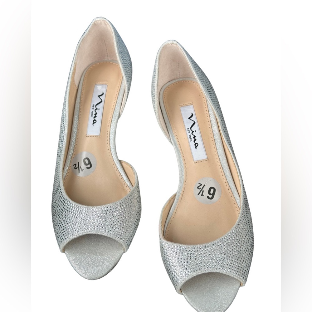 Nina Silver Sparkle Peep-Toe Heels